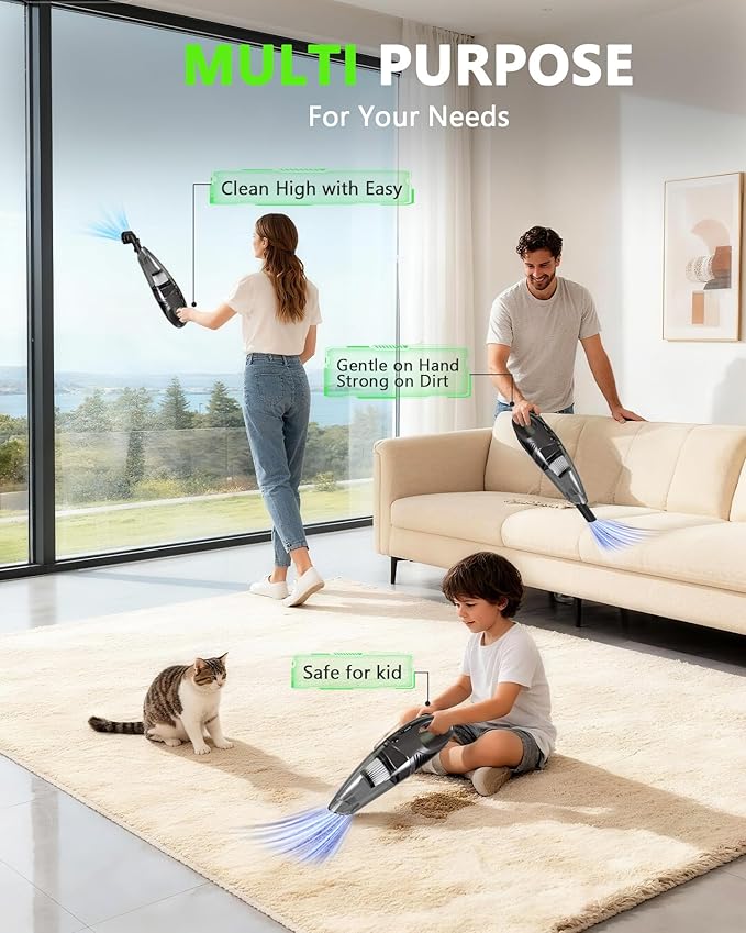 Handheld Vacuum Cordless, Rechargeable Car Vacuum Cleaner with Brushless Motor, Portable Hand Held Vacuum Suction Power, Mini Vacuum for Car, Home, Pet Hair, Office, Desk, Keyboards Grey
