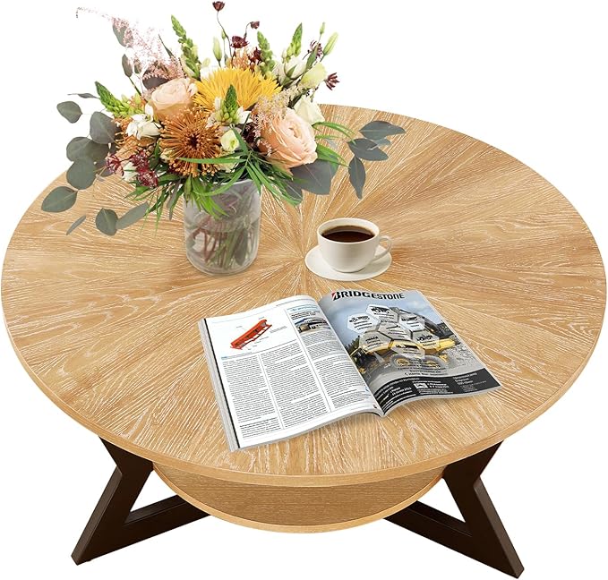 Gravilithic Round Wood Coffee Table for Living Room, 2-Tier Rustic Circle Coffee Table with Storage, 35โx 17โ Real Wood Desktop with Metal Frame, Radial Pattern