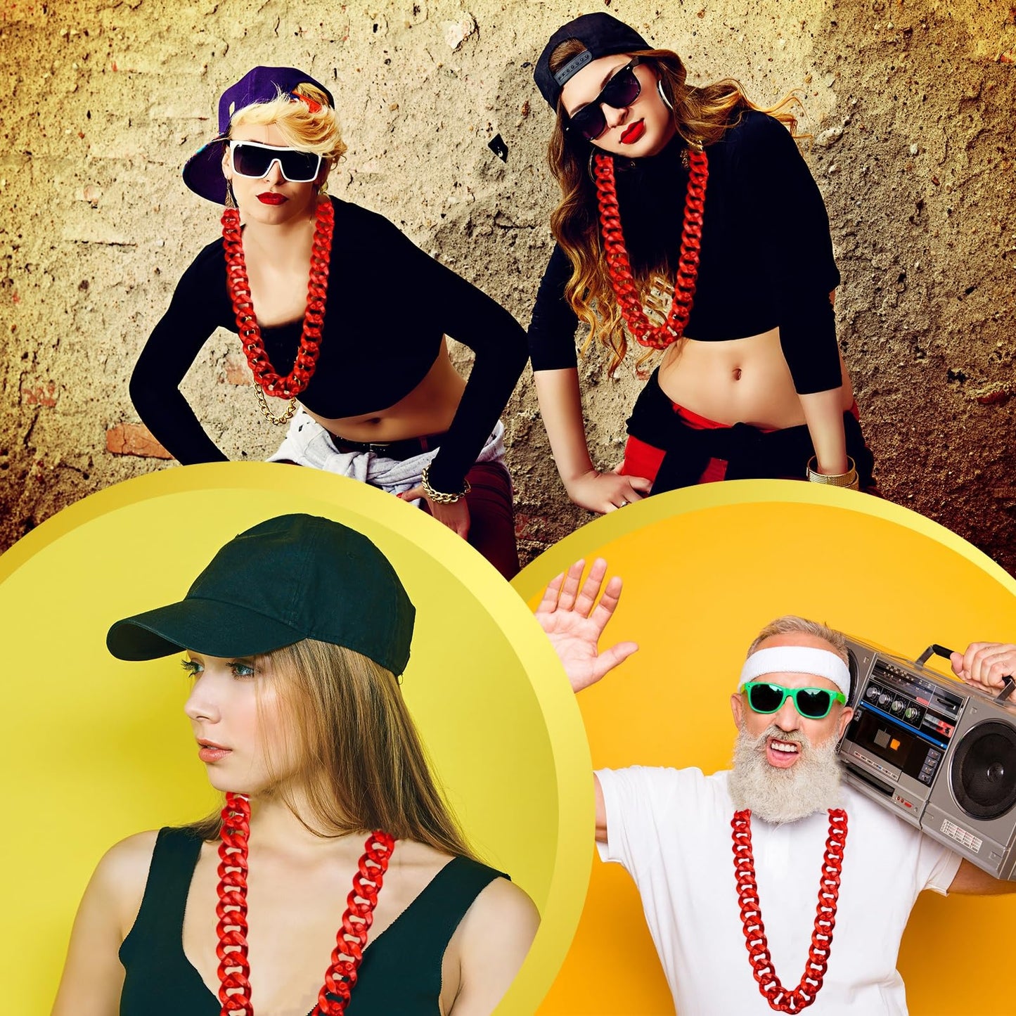 LCPQMZGH Plastic Hip Hop Chain Necklace, 80s 90s Costume Accessory, Men's Chunky Necklace, Big Chunky Gold Chain, 40, Red