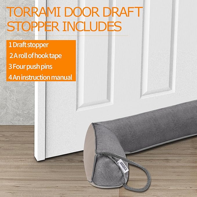 TORRAMI 38" Door Draft Stopper for Bottom of Doors, Seal Blocks Hot Air, Noise, Bugs, Keeps Cold AC in Window Gap Filler Draft Stoppers,Gray