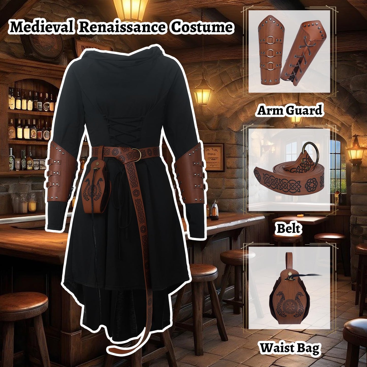 FSUJWOA 5 Pcs Renaissance Women Costume Medieval Hooded skirt Vintage Arm Guard Printed Belt and Waist bag (Black, Large)