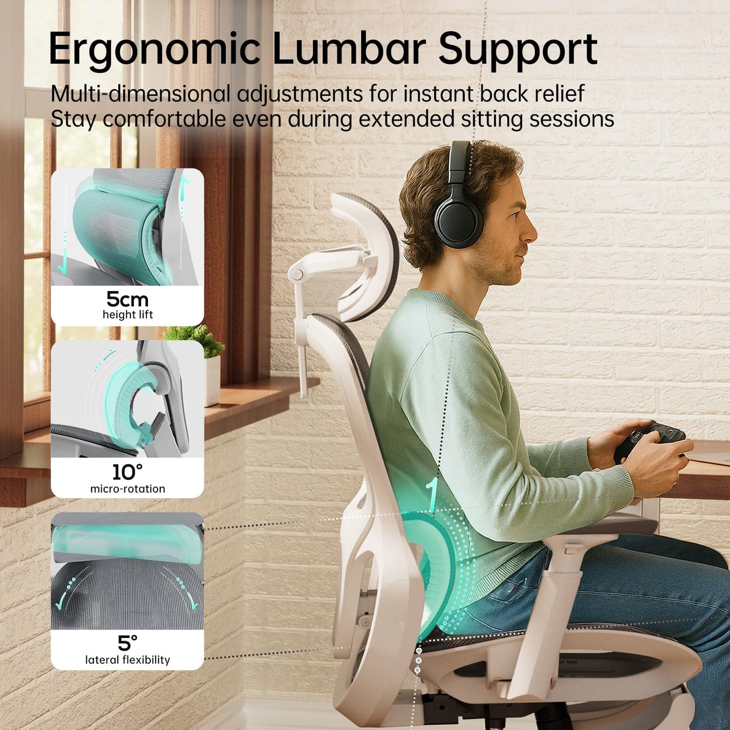 Hbada P2 Ergonomic Office Chair, Office Chair with 3D Lumbar Support, Mesh Chairs with 3D 360° Rotation Arm & 3D Headrest, 135° Stepless Tilt Function, White(with Footrest)