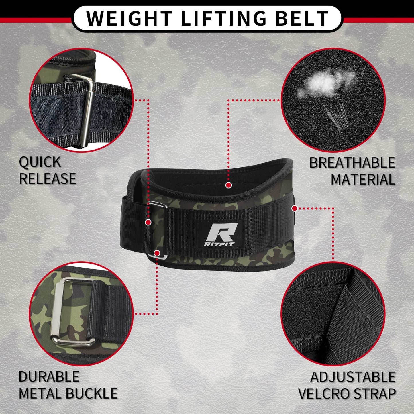 RitFit Self-Locking Weight Lifting Belt Gym Belt Great for Weightlifting, Squats, Lunges, Deadlift, Thrusters Men and Women Lifting Belt- 6 Inch/Camo