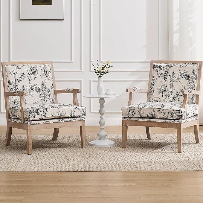 DM Furniture Floral Accent Chair Mid-Century Modern Living Room Chairs Upholstered Fabric Reading Chair Lounge Armchair with Solid Wood Frame & Removable Cushion for Bedroom, Balcony, Floral Pattern