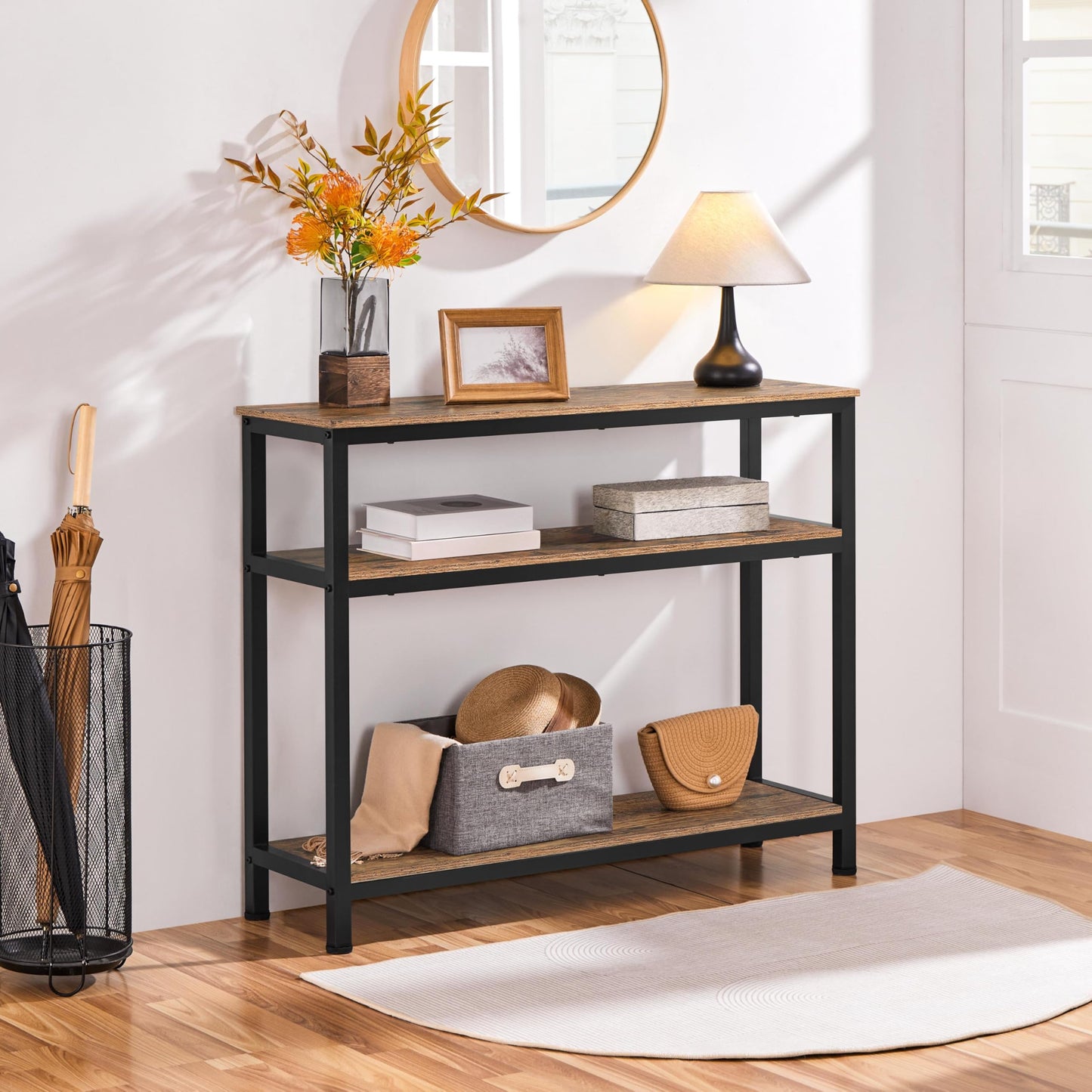 Yaheetech Industrial Console Table, 3 Tier Entryway Table with Storage Shelves, Narrow Sofa Tables for Living Room, Foyer, Hallway, Entrance, Metal Frame, Rustic Brown