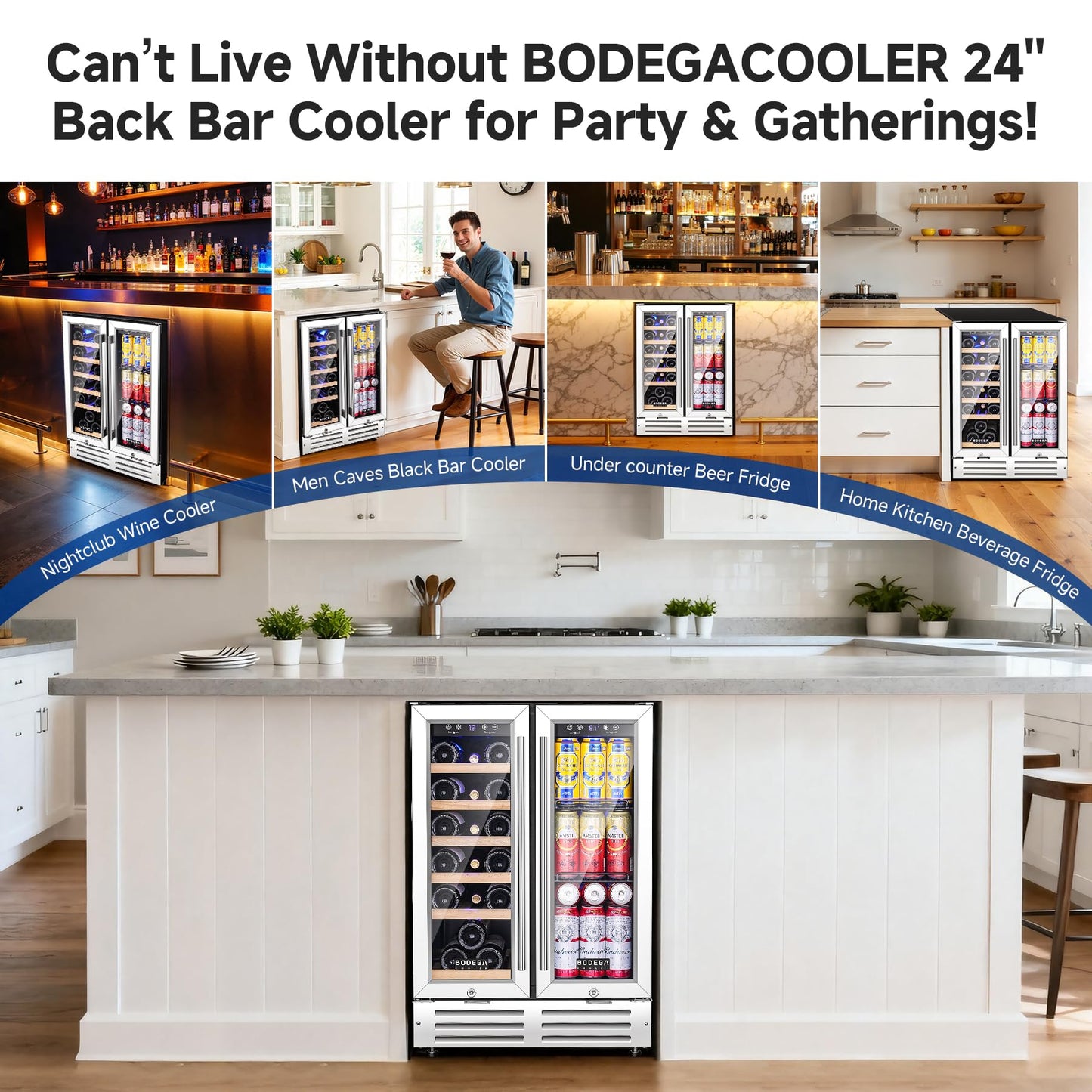 BODEGA COOLER Wine and Beverage Refrigerator, 24 Inch Dual Zone Wine Fridge, Holds 20 Bottles and 74 Count, French Doors, Under-counter or Freestanding Wine Cooler, Beverage Fridge with Tempered Glass