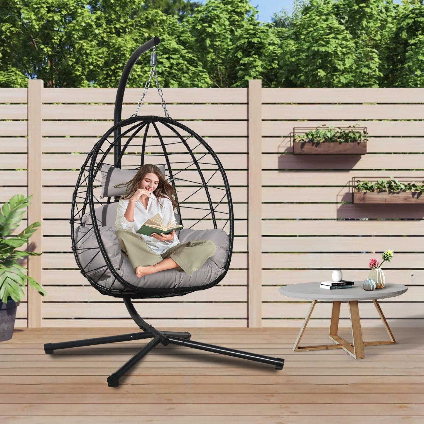 Egg Chair with Stand, Uv-Proof Pe Wicker Hanging Chair for Outdoor Patio, Cushioned Hammock Swing for Bedroom Garden Indoor/Outdoor, Double-Zipper Structure Hanging Egg Chair (Black and Gray)
