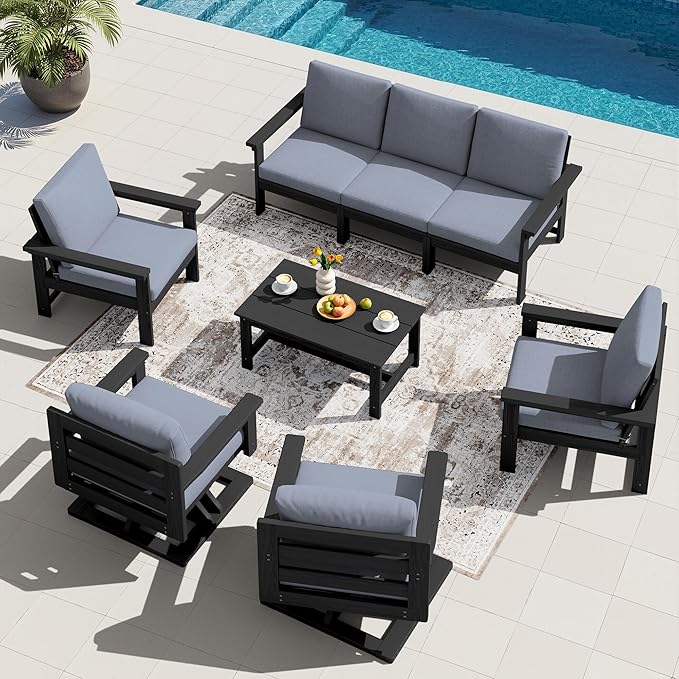 SERWALL HDPE Outdoor Patio Furniture Set, 8-Piece Outdoor Sectional Sofa with 2 Swivel Sofas with Thick Cushions for Deck, Black Frame with Gray Cushions