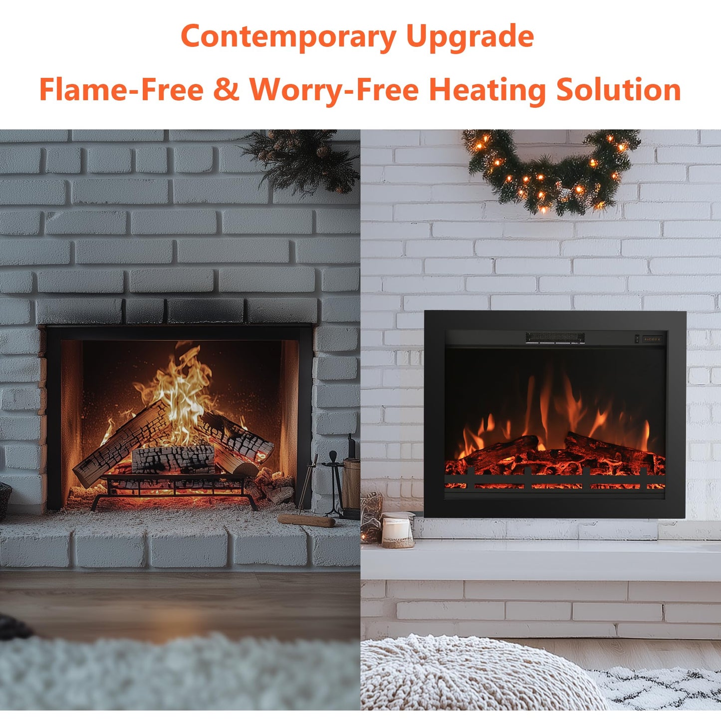 Rodalflame 25.3" Back Width Electric Fireplace Insert with 4 Flames Brightness & 750/1500W, Overheat Protection, No Glass Design