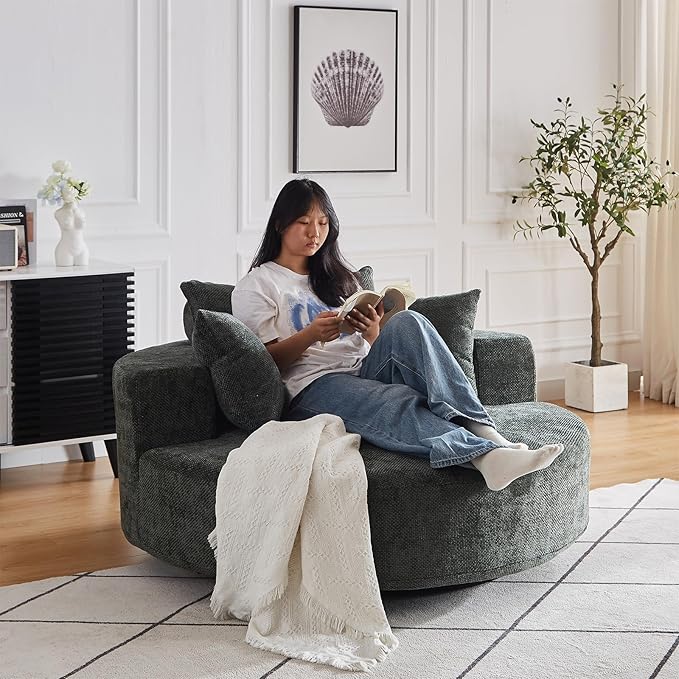 Oversized Round Swivel Chaise Longue Chair Indoor, Modern 55-inch 360 Degree Swivel Upholstered Waffle Chenille Deep Seat Circle Single Cloud Sofa Chair for Living Room Bedroom Apartment Office, Green