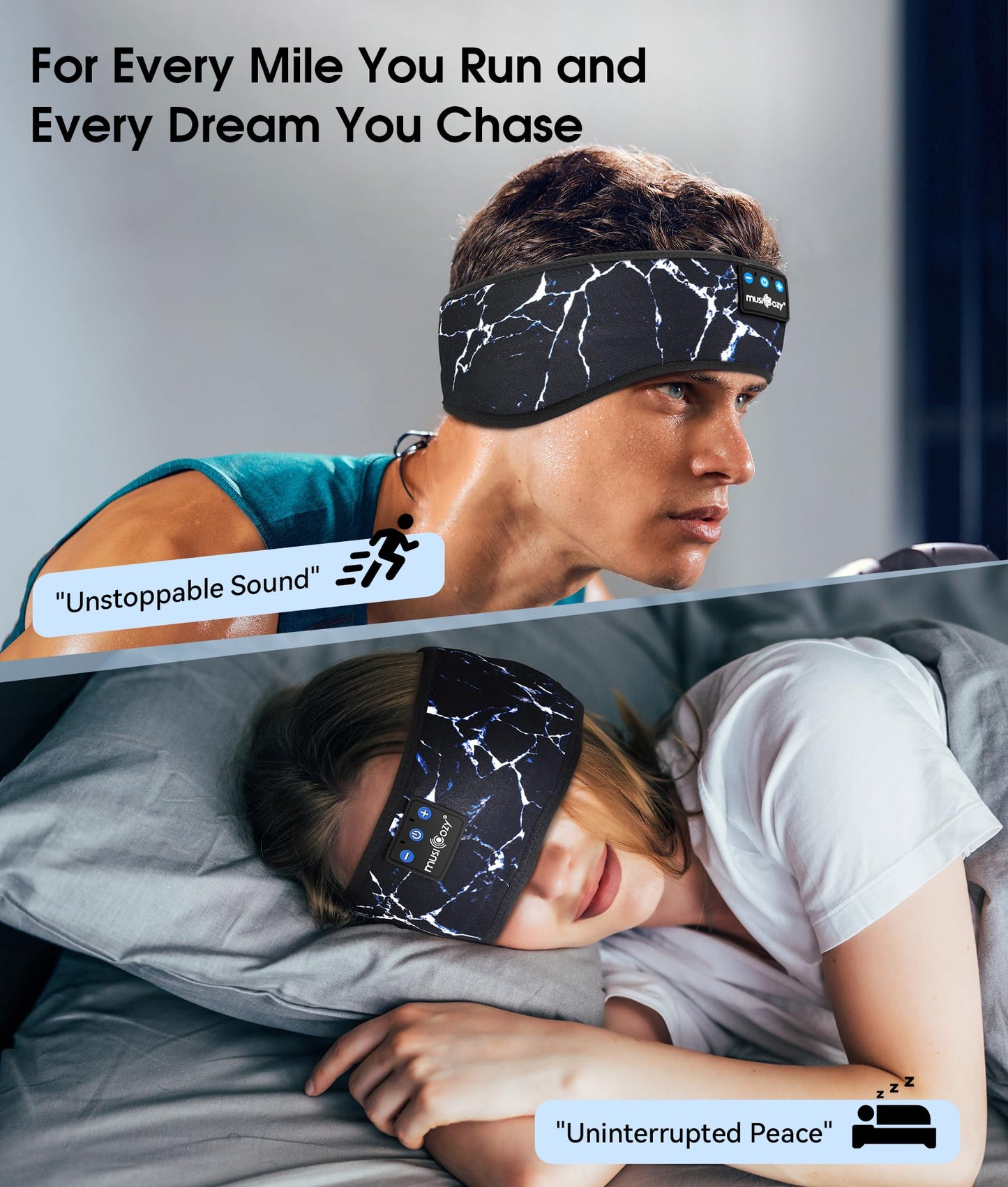 MUSICOZY Sleep Headphones Bluetooth 5.4 Headband, Wireless Earphones Music Sleep Earbuds Sleeping Eye Mask with HD Stereo Speakers for Workout Running Travel Yoga, Ideal Gifts (Marbling Black)
