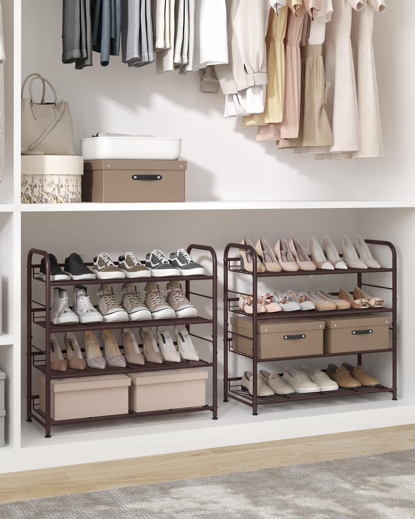 SONGMICS Stackable Shoe Rack, 4 Tier Metal Shoes Rack Storage Shelf, Holds up to 20 Pairs Shoes, Adjustable Slanted Shelves Tower Organizer for Closet Entryway Small Spaces, Bronze