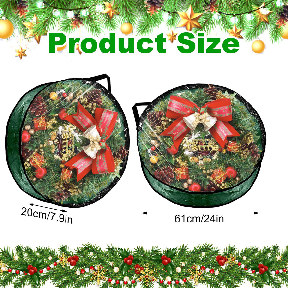 YAYODS 6 Pack Wreath Storage Container Bag, 24x8 Inch Christmas Wreath Storage Container Heavy Duty Christmas Wreath Boxes with Clear Window for Xmas Holiday Seasonal Wreath Garland (Green)
