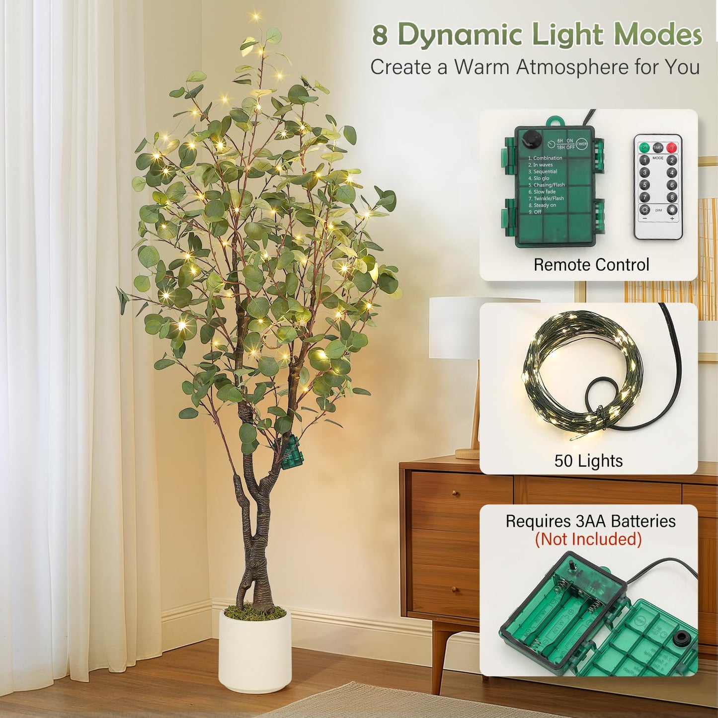 GarveeHome Artificial Eucalyptus Tree Indoor, 5ft Tall Fake Artificial Plant with White Planter,Large Faux Floor Plant Fake Silk Trees with 50 Lights Artificial Trees for Home Decor Indoor