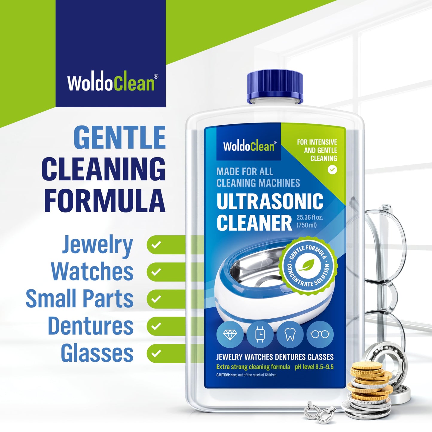 WoldoClean Ultrasonic Cleaner Solution 25.4 Fl Oz - Jewelry Cleaning Liquid for Ultrasonic Machines, Watches, Glasses & Sonic Jewelry Cleaner