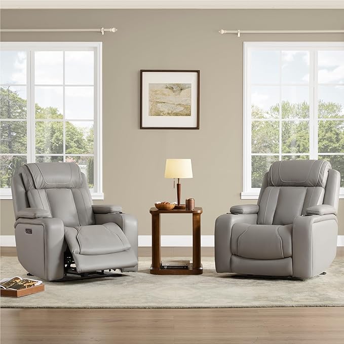 Watson & Whitely Super Zero Gravity Recliner Chair, Oversized Genuine Leather Electric Recliner W Power Adjustable Headrest & Lumbar Support Hidden Storage for Living Room, Light Grey
