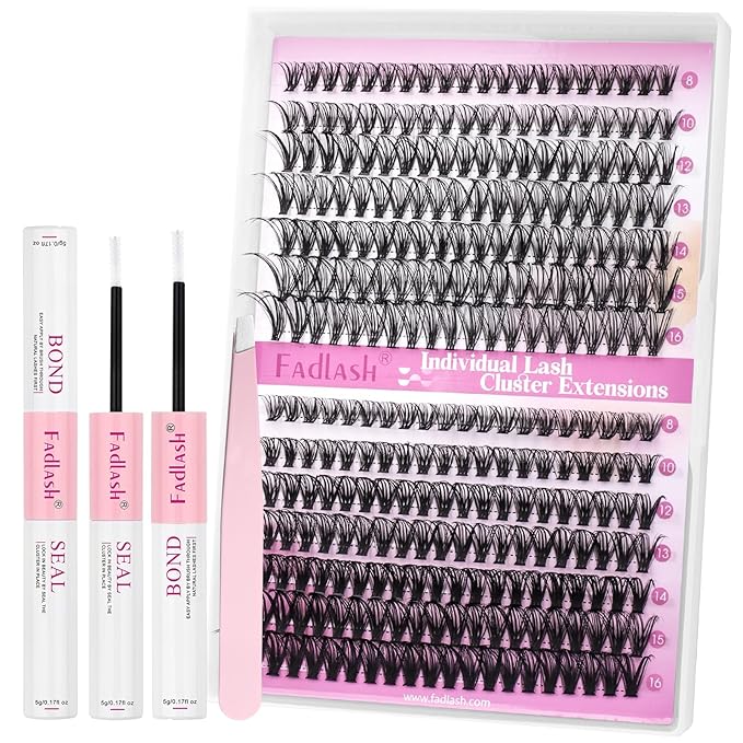 FADLASH Lash Extension Kit 30D+40D Lash Clusters D Curl Lash Cluster Kit DIY Eyelash Extension Kit with Lash Bond and Seal Lash Applicator Tool (30D+40D-07D-Kit, Mix 8-16mm)