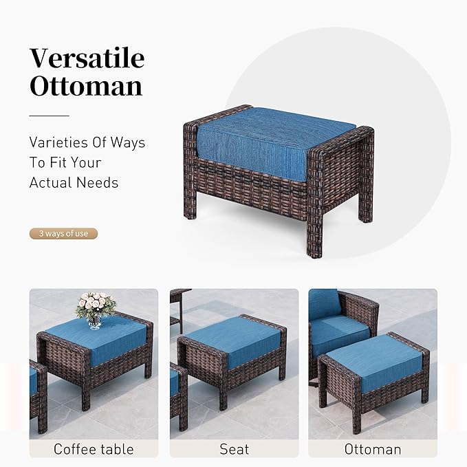 Patio Furniture Set with Swivel Chairs, High Back Wicker Rattan Furniture with 5.5" Thick Cushions, Fire Pit Table and Ottomans, All Weather Outdoor Conversation Set for Backyard Deck,9 Seats, Blue
