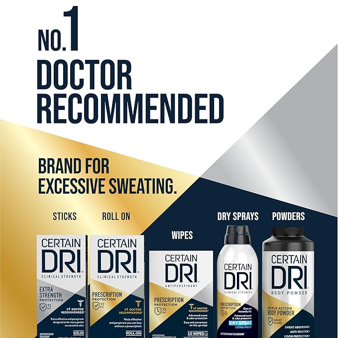 Certain Dri Extra Strength Clinical Solid Antiperspirant, 72-Hour Sweat & Odor Protection for Hyperhidrosis, Maximum-Strength, Powder Fresh Scent, 1.7 oz, (Pack of 1)