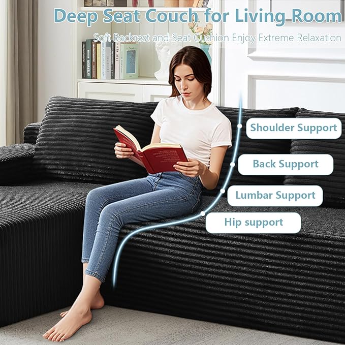 96" Cloud Sectional Couch with L-Shape Chaise, Modern Corduroy Boneless Couch for Living Room,Memory Foam Sofa with Deep Seat,No Assembly Required (Black,Left-Facing Chaise)