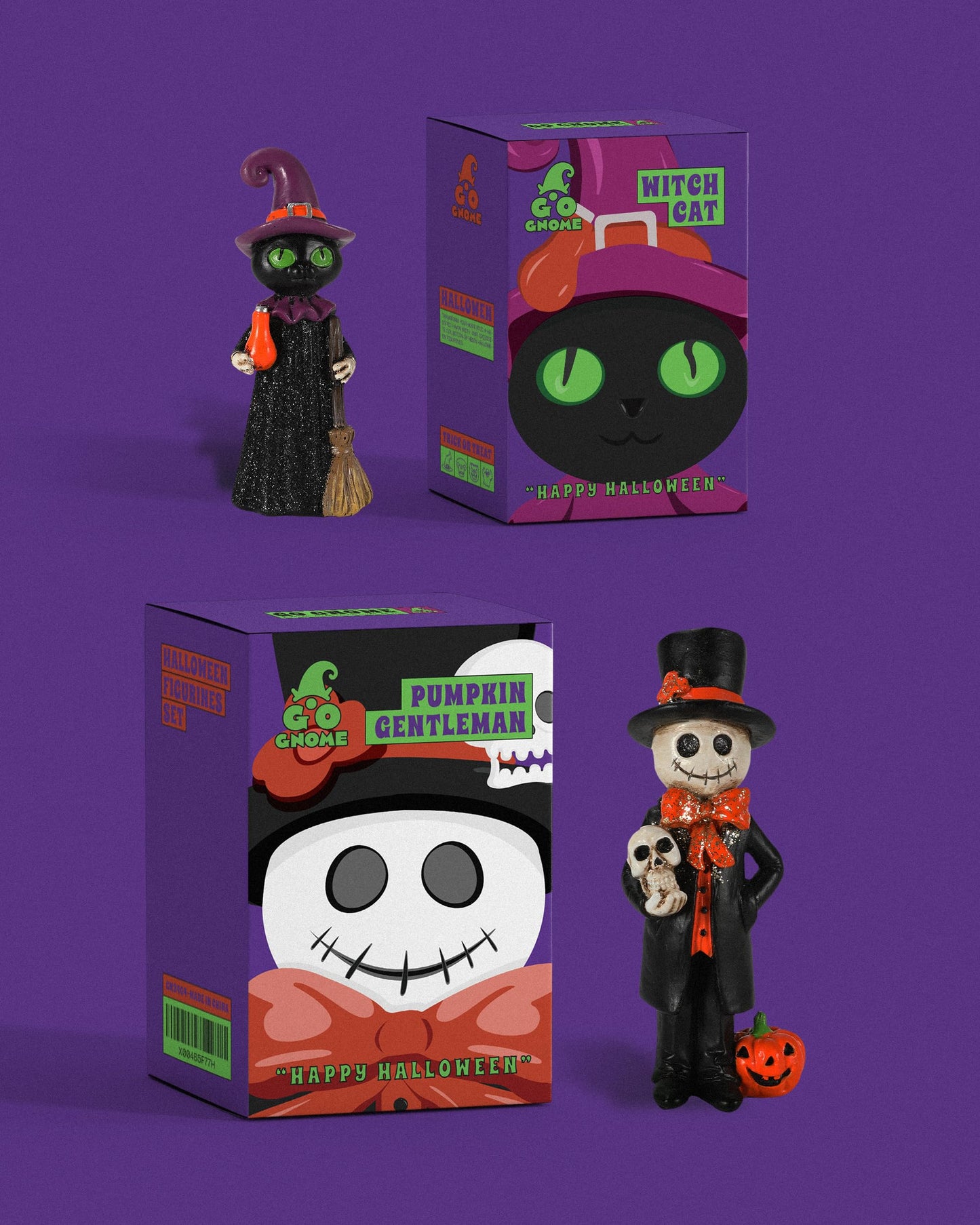 GoGnome Cute Halloween Decor - 2-Pack 4.5'' Resin Skeleton Gentleman and Witch Broom Figurines - Indoor Halloween Decorations for Home Mantle Fireplace Party Gifts (Ghost & Witch)
