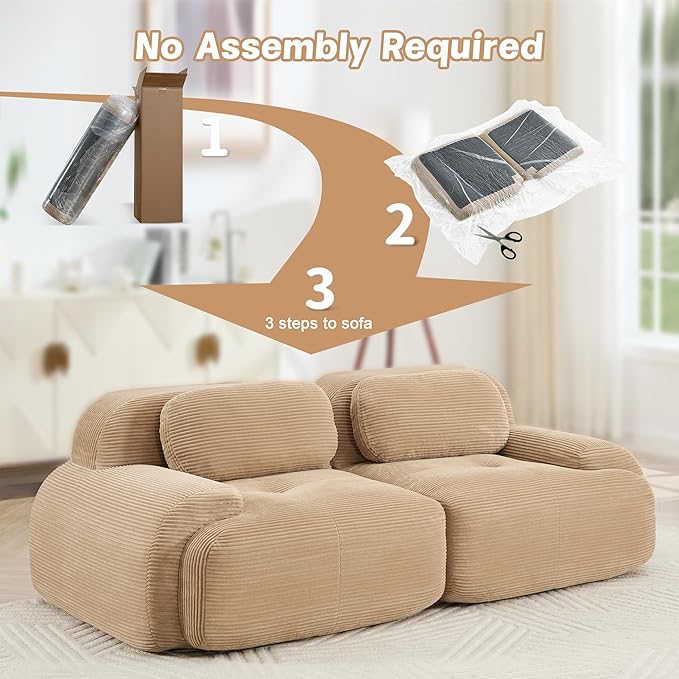 SoarFlash 81" Loveseat Sofa, Comfy Deep Seat, No Assembly, Sofa in a Box, Modern Small Couch with Plush Corduroy Fabric for Living Room, Bedroom, Apartment, Home Office, Camel