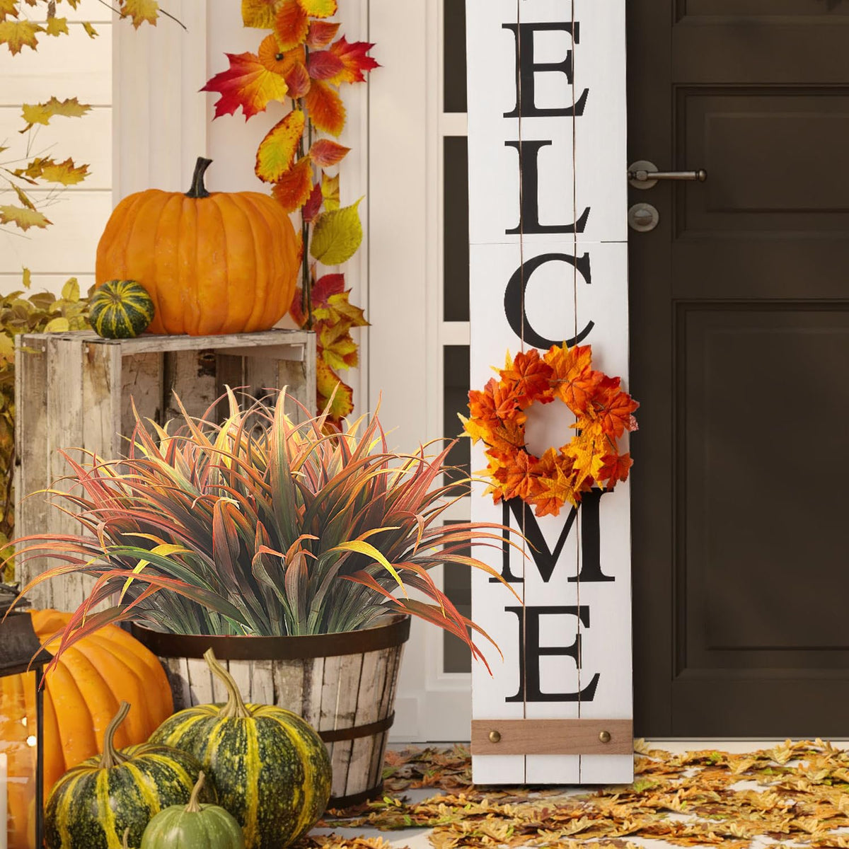 10Pcs Artificial Fall Plants Fake Autumn Grasses UV Resistant No Fade Indoor Outdoor Decoration for Thanksgiving Table Centerpiece Christmas Wedding Party Home Garden Fireplace Décor (Fall Orange)