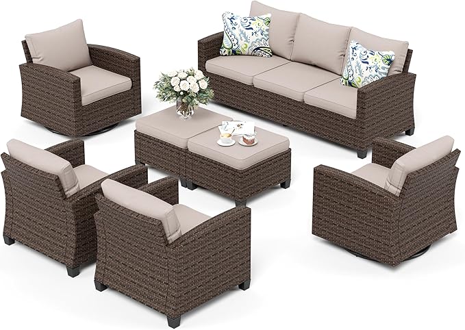 SUNSHINE VALLEY Swivel Glider Patio Furniture Set Outdoor Furniture Brown Wicker Rattan Patio Conversation Sets with Cushion Outside Sofa Set,7 Pieces 9 Seats,Beige