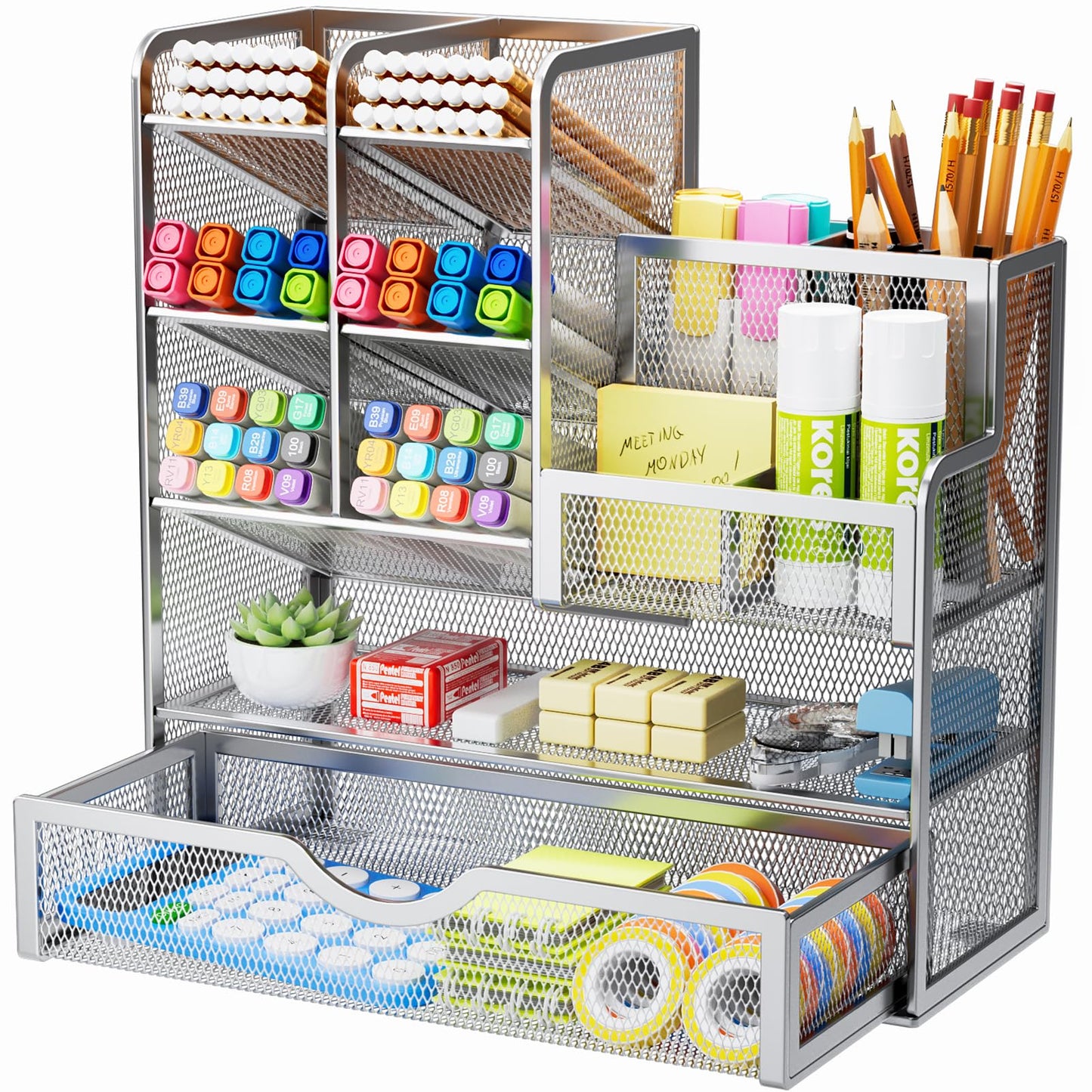 Marbrasse Mesh Pen Holder for Desk, Multi-Functional Pencil Organizer with Drawer, Desk Organizers and Accessories for Office Art Supplies (Black)