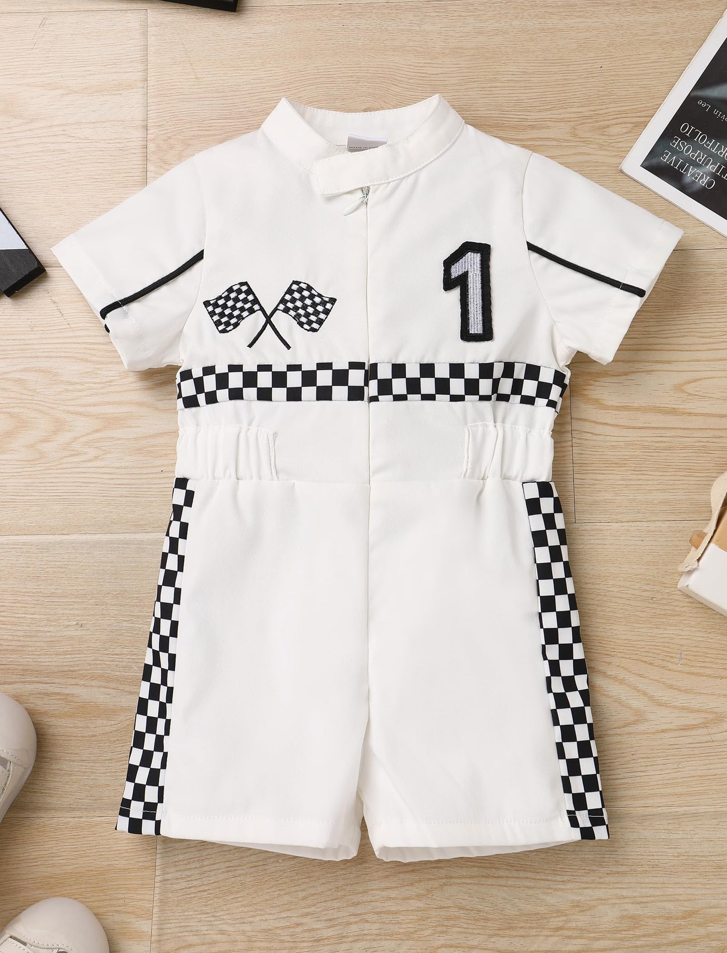 IBTOM CASTLE First Birthday Race Car Driver Outfit Boys Girls Fast One Birthday Cake Smash Photoshoot Clothes Short Sleeve Racer Romper One Year Old Birthday Party Decoration White-1 9-12 Months