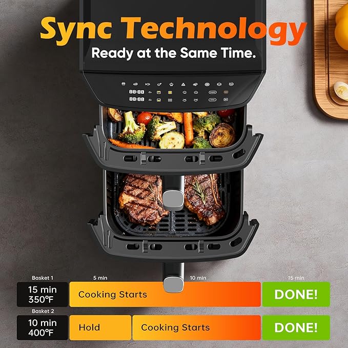 Dual Basket Air Fryer, 12.6QT Family-Size for 10โ12 People, XL Basket for 6LB Whole Chicken, DoubleStack Compact Design, 10-in-1 Functions with Reheat, Dehydrate & SyncFinish, Dishwasher-Safe, Black