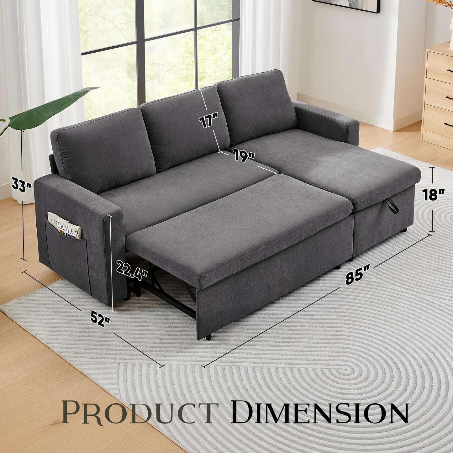 85โโ Sofa Bed, 2 in 1 Sleeper Sofa with Multiple Storage Spaces and Detachable Chenille Cover, Easy to Assemble, Comfy Futon Pull Out Couch for Living Room/Office/Apartment(Grey)