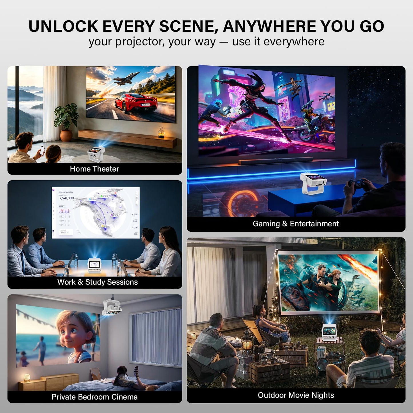 Smart Projector with WiFi and Bluetooth, 4K Supported Native 1080P Portable Outdoor Projector, Dual-Screen Sync Built-in Touchscreen Home Theater Gaming Projector for Bedroom Backyard Movie Night
