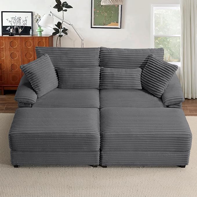 SUNWAVE 74" W Double Chaise Lounge Chair Indoor, Oversized Loveseat with Storage Ottoman, Corduroy Couch with USB Charging, Removable Ottoman, and Coffee Table Cushions for Living Room Bedroom