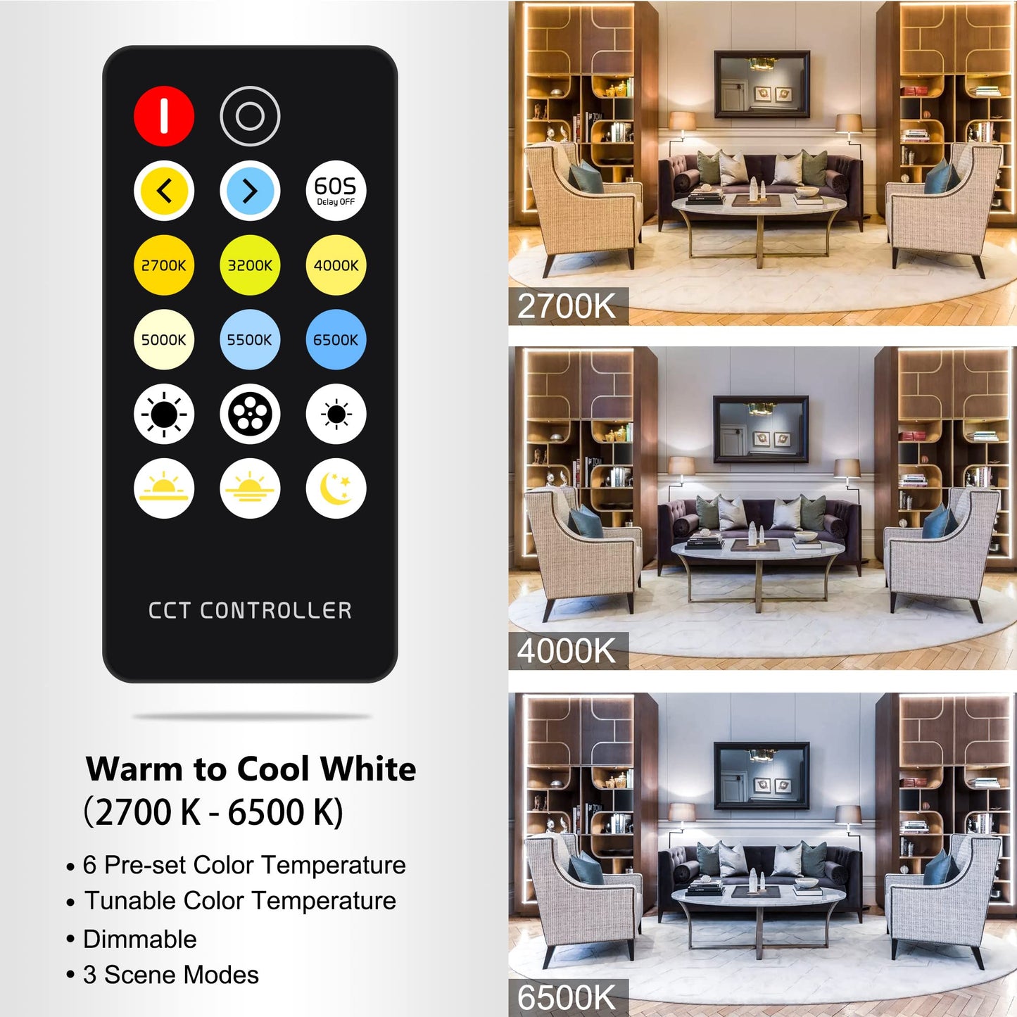 CCT COB LED Strip Lights, 9.8ft Dimmable 2700K-6500K 24V Tunable White LED Light Strip Kit, High Density CRI 90+ LED Strips with Remote Controller and Power Supply, for Bedroom Kitchen Home Lighting