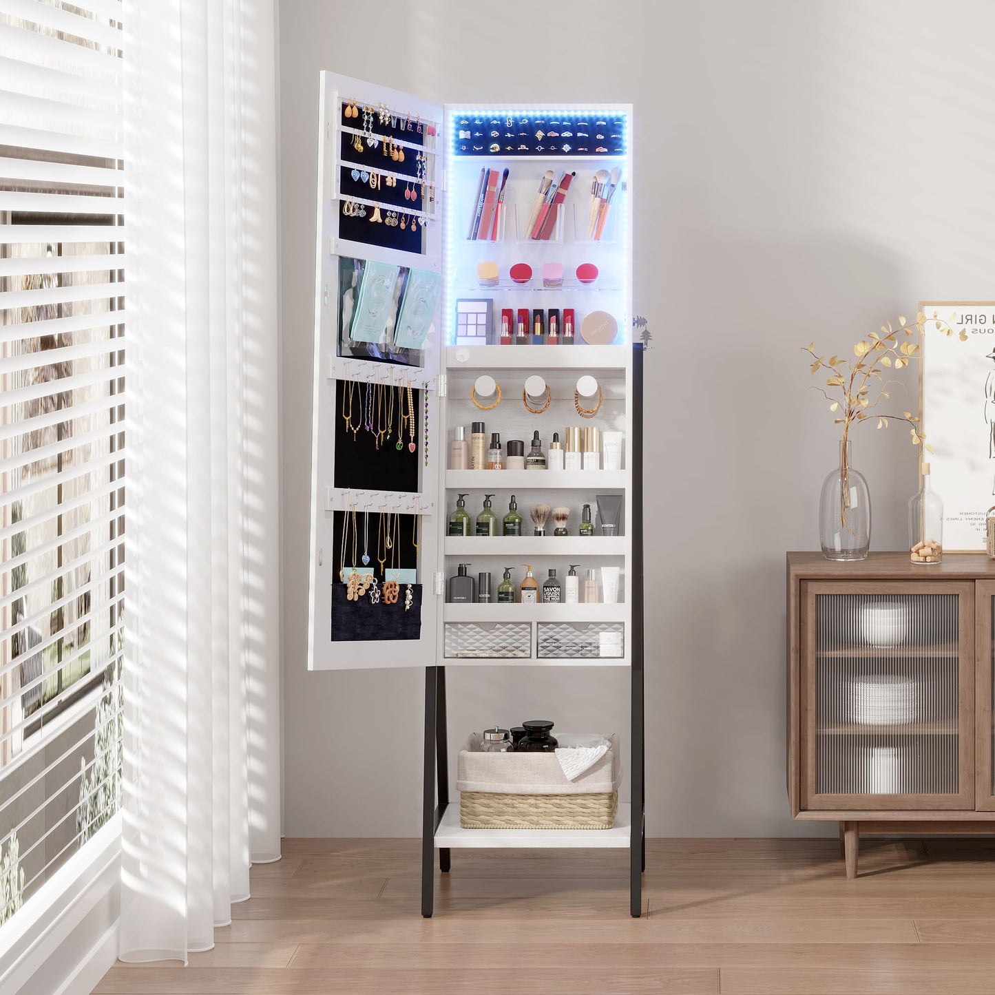 LVSOMT 3 LEDs Mirror Jewelry Cabinet, 60.4" Jewelry Mirror Full Length, Standing Lockable Jewelry Armoire Organizer, Floor Mirror with Storage for Jewelry Cosmetics, White