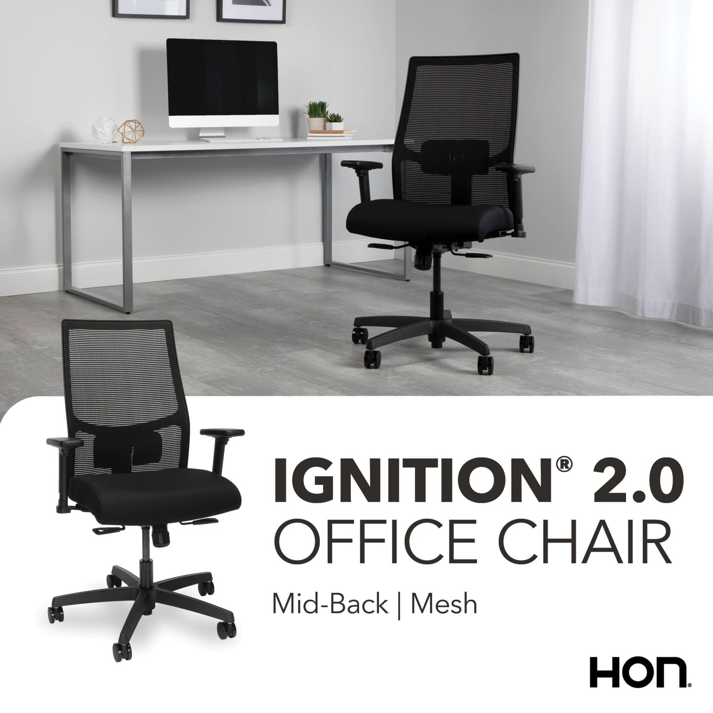 HON Ignition 2.0 Mid‑Back Ergonomic Office Chair, Mesh Task Desk Chair with Lumbar Support, Standard Synchro‑Tilt, Height and Width Adjustable Arms, Black Frame, Black