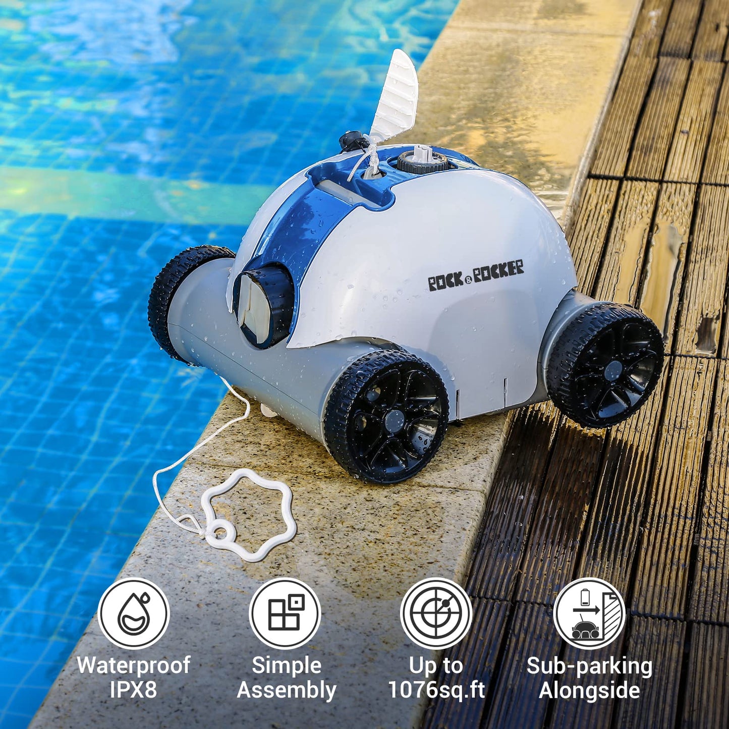 (2023 Upgrade) Rock&Rocker Cordless Robotic Pool Cleaner,Pool Vacuum with Dual-Drive Motors, Up to 90 Mins Runtime, Powerful Suction, Cleaning for Above or Inground Pools up to 861 Sq Ft, Blue