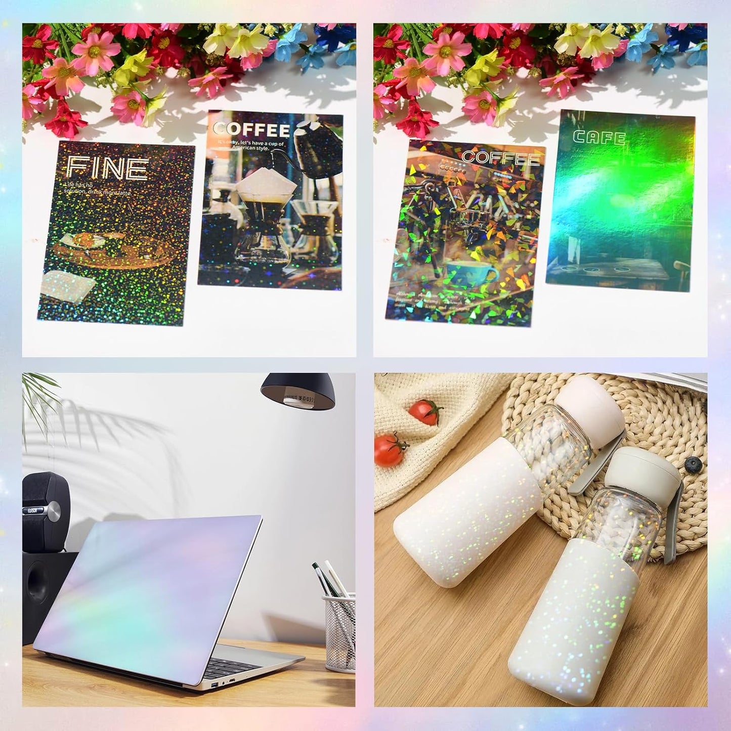 36 Sheets Holographic Sticker Paper, Transparent Holographic Vinyl Laminate Film, Clear Overlay Lamination Sticker Paper Self Adhesive Waterproof - Gem, Dot, Colorful, Star Patterns/8.5x11 inch