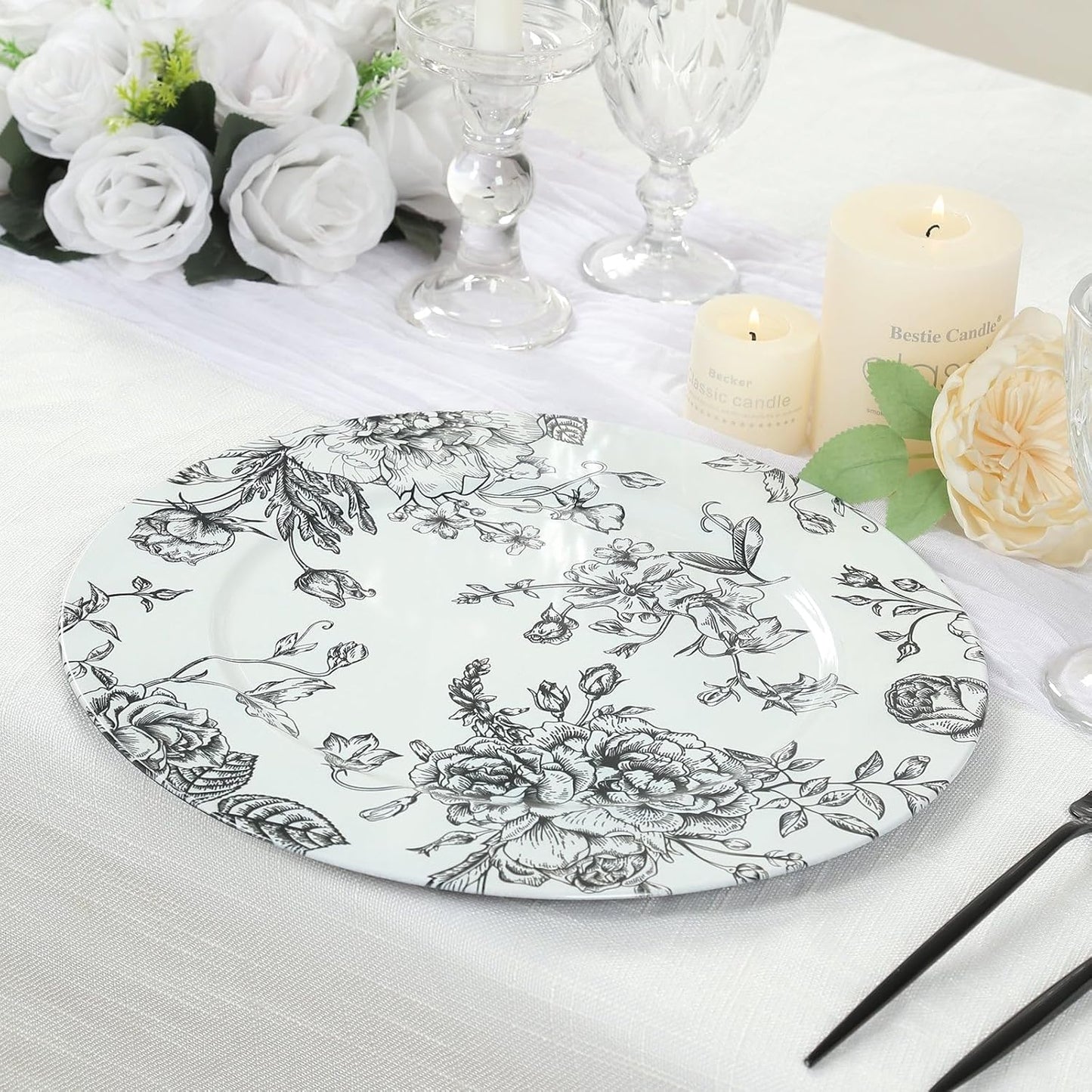 Efavormart 6-Pack Acrylic Charger Plates 13" Round White with Black Floral French Toile Pattern - Decorative Dinner Party Charger Tableware