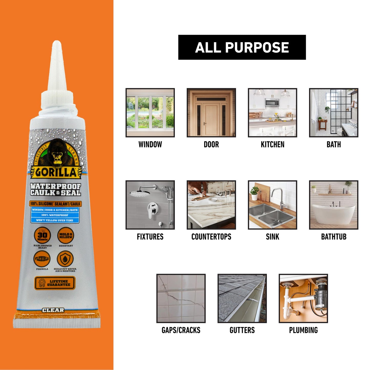 Gorilla 100% Silicone Caulk, Waterproof Sealant, 2.8oz Squeeze Tube (Pack of 2) – Clear -10 Year Mold Resistant Kitchen, Window, Bath, Marine, Door and More