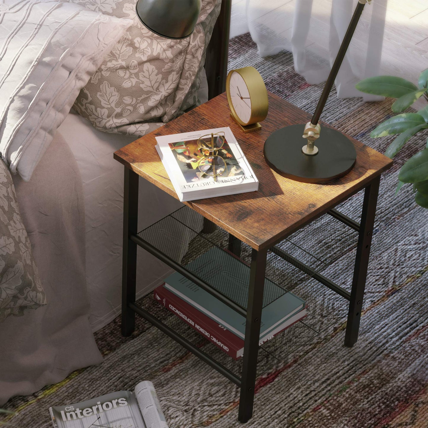VASAGLE Nightstand, Set of 2 Side Tables, End Tables with Adjustable Mesh Shelves, for Living Room, Bedroom, Industrial, Stable Steel Frame, Easy Assembly, Rustic Brown and Black ULET24X