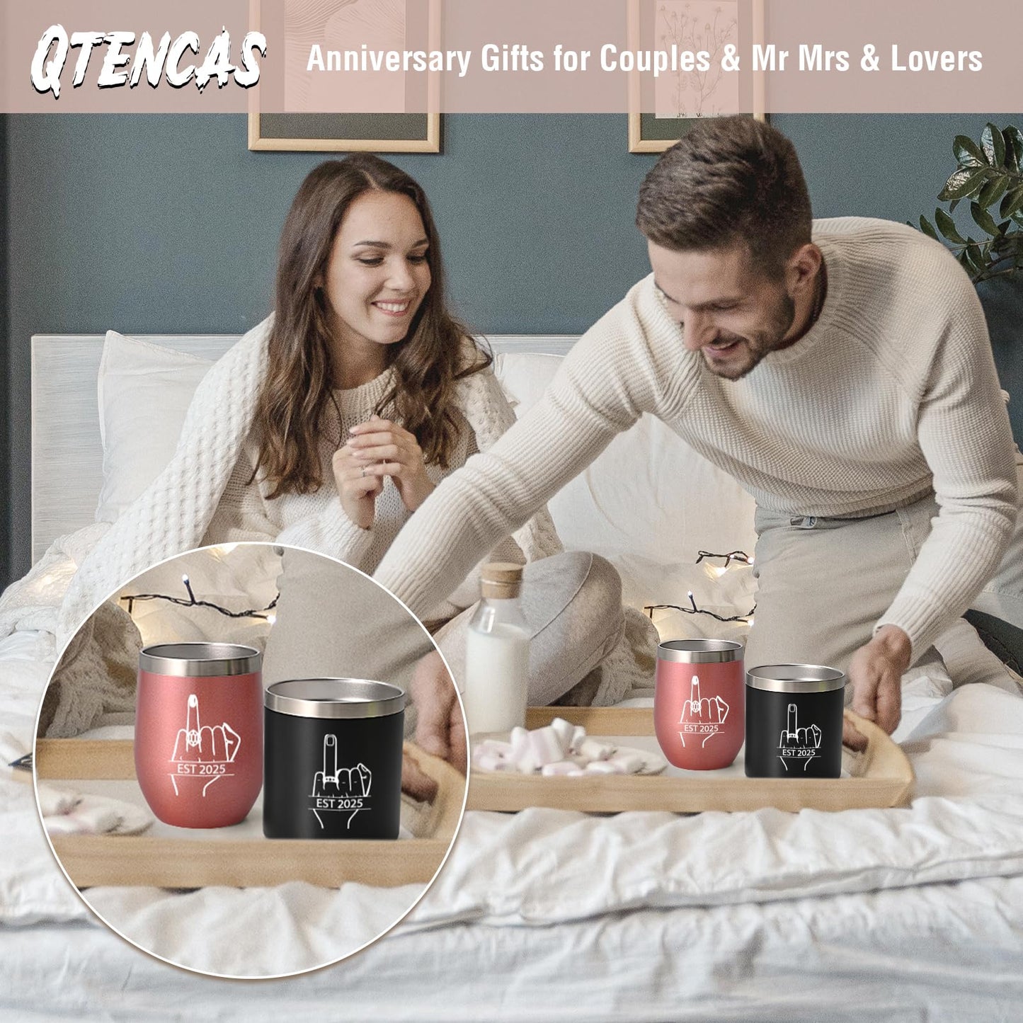 Qtencas Ring Finger EST 2025 Stainless Steel Whiskey & Wine Tumbler Set, Wedding Gift for Couple, Unique Engagement Present for Friends Mr Mrs His Her Just Married, 12oz Black & Rose Gold
