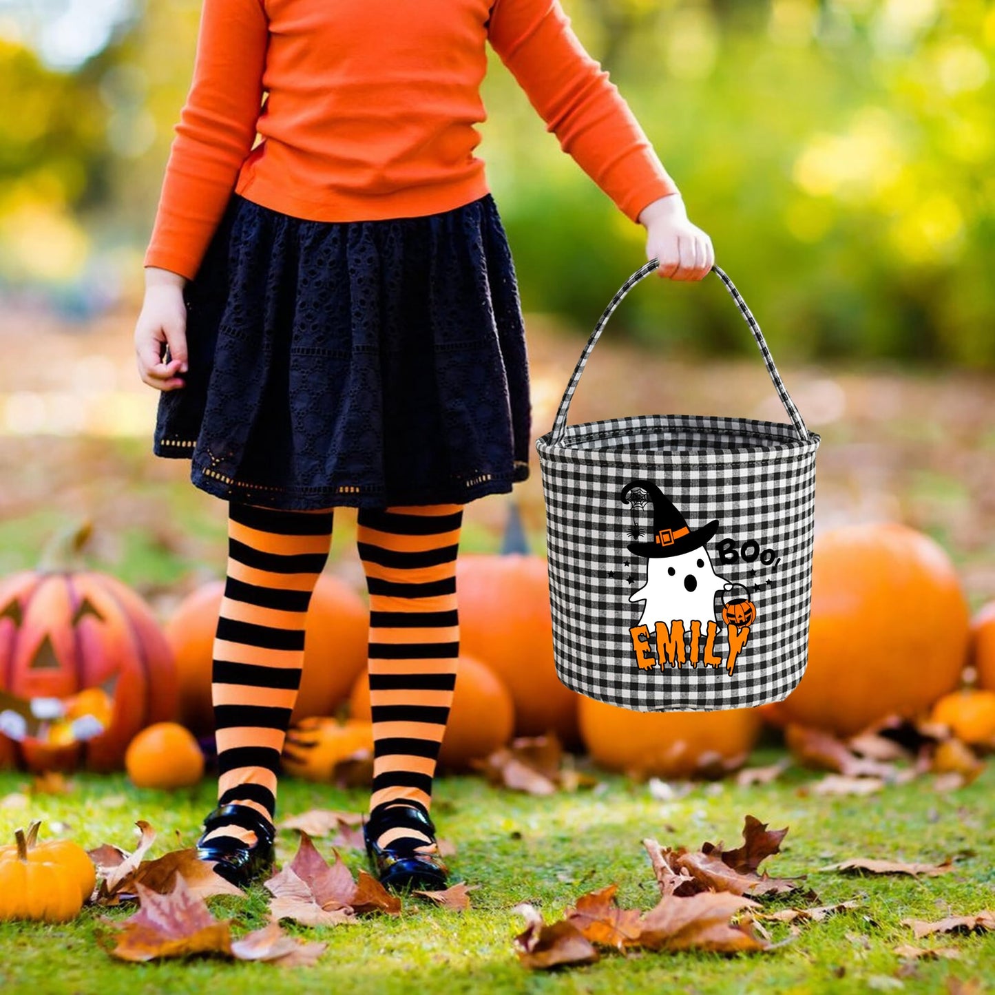 Personalized Halloween Basket,Trick or Treat Basket with Name,Custom Gingham Bag, Halloween Bucket Tote, Ghost Design Trick or Treat Bucket for Kids