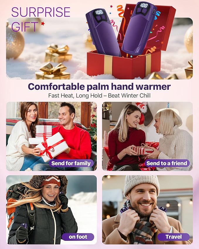 Kesguar Hand Warmers Rechargeable 2 Pack - 6000mAh Electric AI Handwarmers, LED Display & 5-Level Heating, 20Hrs Long Lasting, 2-in-1 Portable Heater, Gifts for Men/Women/Golf/Hunting