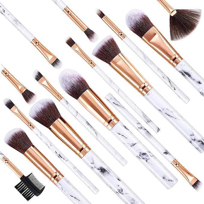 Makeup Brushes DUAIU 15PCs Marble Makeup Brush Set Premium Synthetic Kabuki Powder Blush Contour Foundation Concealer Eyeshadow Brushes with Makeup Sponge Make up Tool A Grey