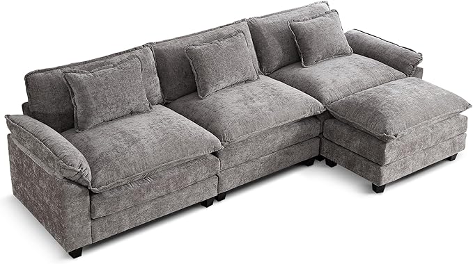 URRED Cloud Couch Modular Sectional Sofa, 122'' Modern L Shaped Deep Seat Sofa with Ottoman & Pillows, Ultra Comfy Chenille Couches for Living Room, Bedroom or Apartment, Gray