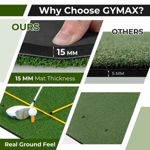 GYMAX Golf Mat, Artificial Turf Golf Hitting Mat w/ 2 Alignment Sticks & 2 Rubber Tees, Thick Golf Practice Mat Training Aid for Backyard, Golf Chipping Swing Mat for Indoor/Outdoor (5 x 3 ft, 32 mm)