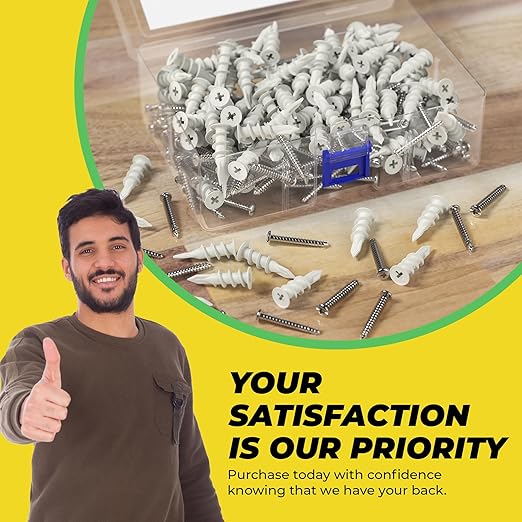 Qualihome Drywall Anchors with Screws – 200 Piece Set (100 Anchors + 100#8 x 1-1/4" Screws) | Self Drilling Drywall Anchors Heavy Duty | Wall Anchors for Drywall | Plastic Screw Anchor Kit