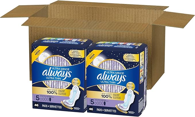 Always Ultra Thin Overnight Pads, Size 5, Extra Heavy Overnight, Unscented, 92 Count (2 Packs of 46)